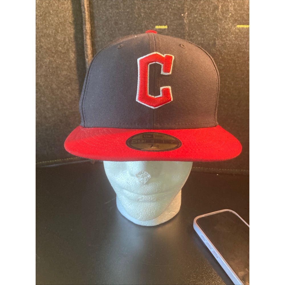 New Era 59FIFTY Cleveland Indians MLB Fitted Hat Navy‎ Red Size 7 3/8 Hat Cap